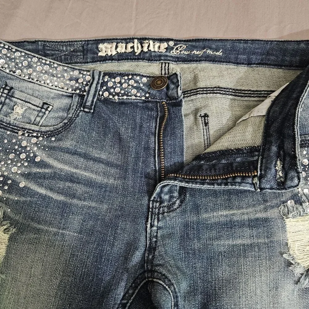 Machine Nouvelle Mode Jeans Size 15 Stretch Straight Leg Blue Distress Bling Y2K - Picture 3 of 12